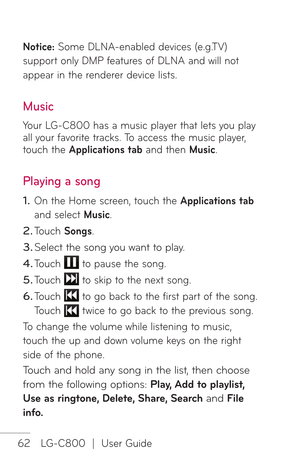 Music, Playing a song | LG C800 User Manual | Page 62 / 162