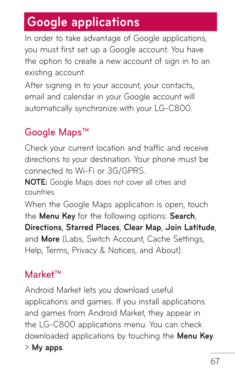 Google applications, Google maps, Market | LG C800 User Manual | Page 67 / 162