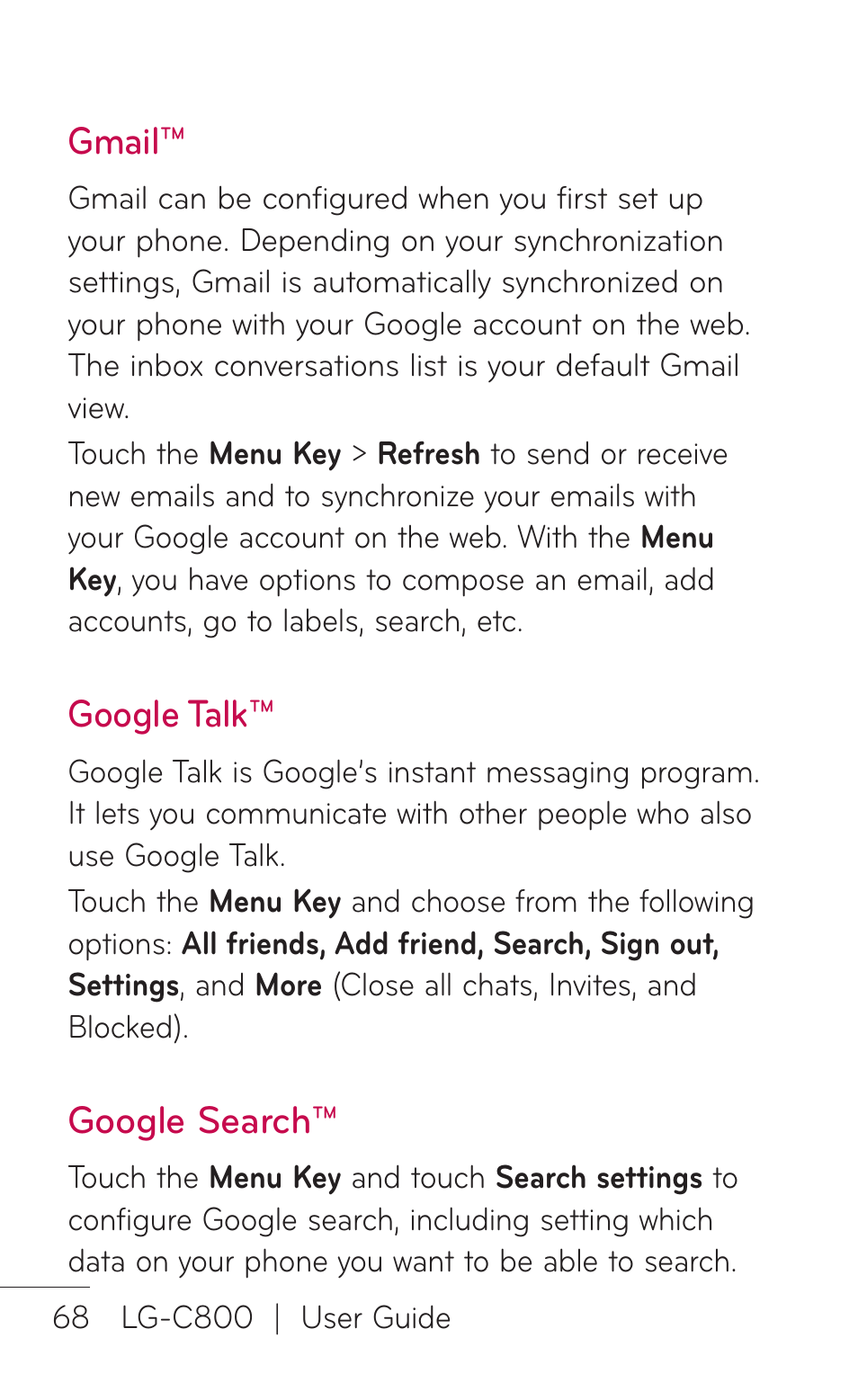 Gmail, Google talk, Google search | LG C800 User Manual | Page 68 / 162