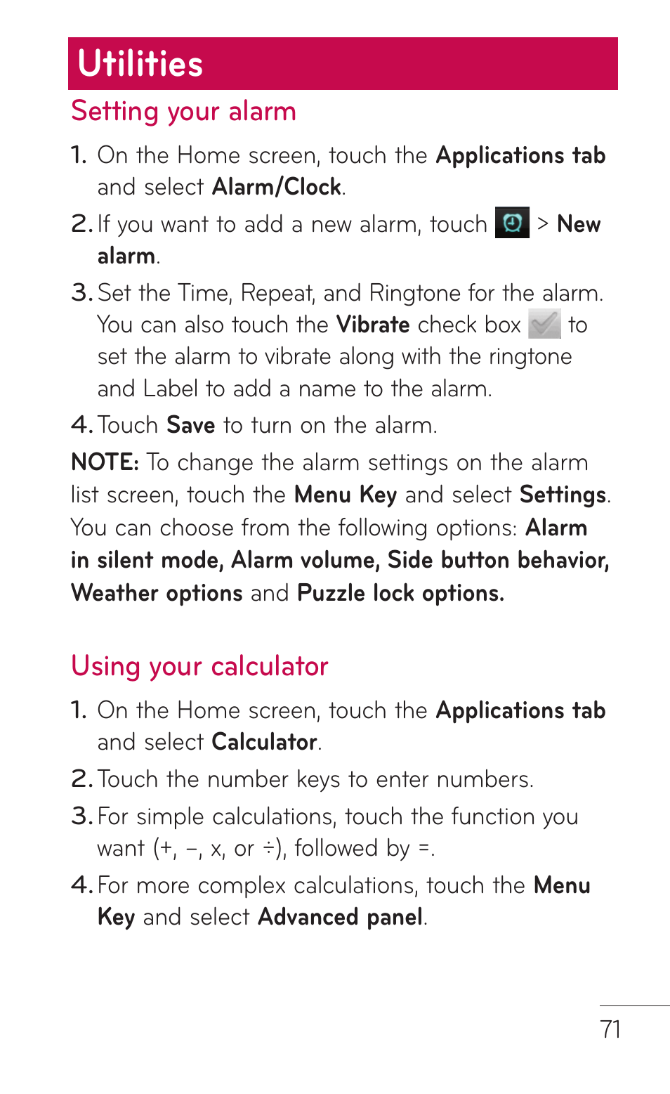 Utilities, Setting your alarm, Using your calculator | LG C800 User Manual | Page 71 / 162