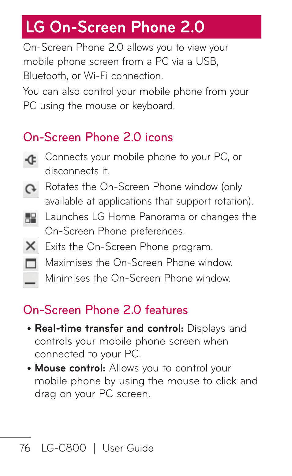 Lg on-screen phone 2.0, On-screen phone 2.0 icons, On-screen phone 2.0 features | LG C800 User Manual | Page 76 / 162