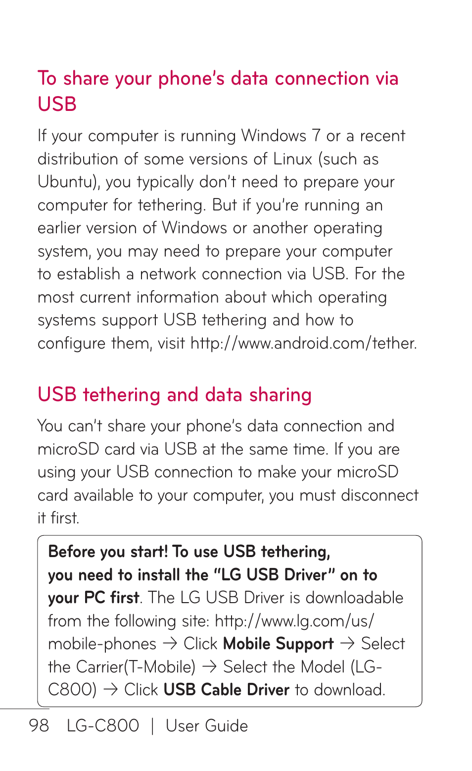 Usb tethering and data sharing | LG C800 User Manual | Page 98 / 162