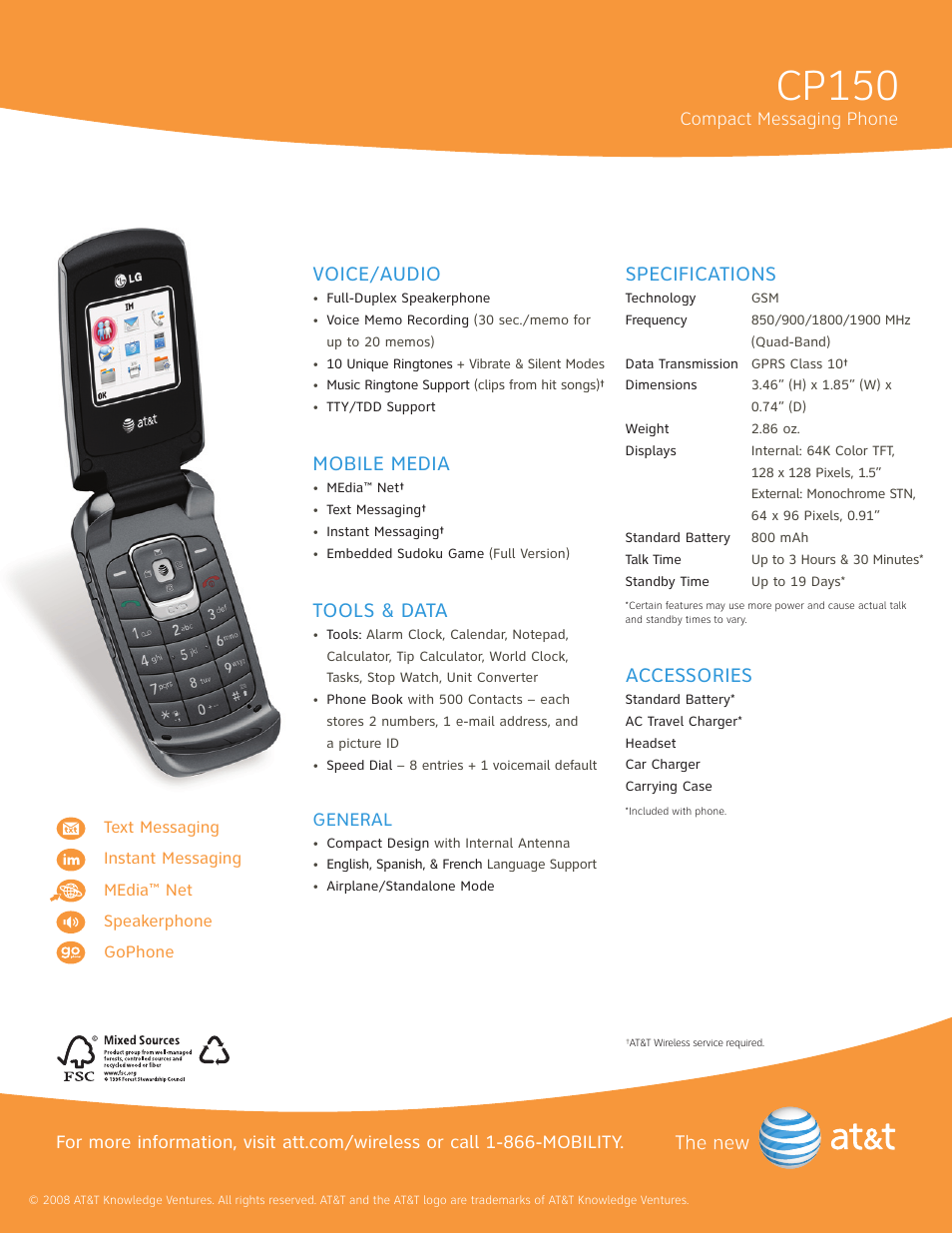 Cp150, Voice/audio, Mobile media | Tools & data, Specifications, Accessories, Compact messaging phone, General | LG CP150 User Manual | Page 2 / 2