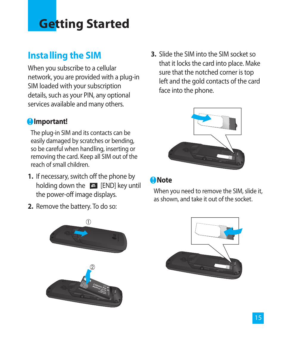 Getting started, Installing the sim, Important | LG LG300G User Manual | Page 15 / 26