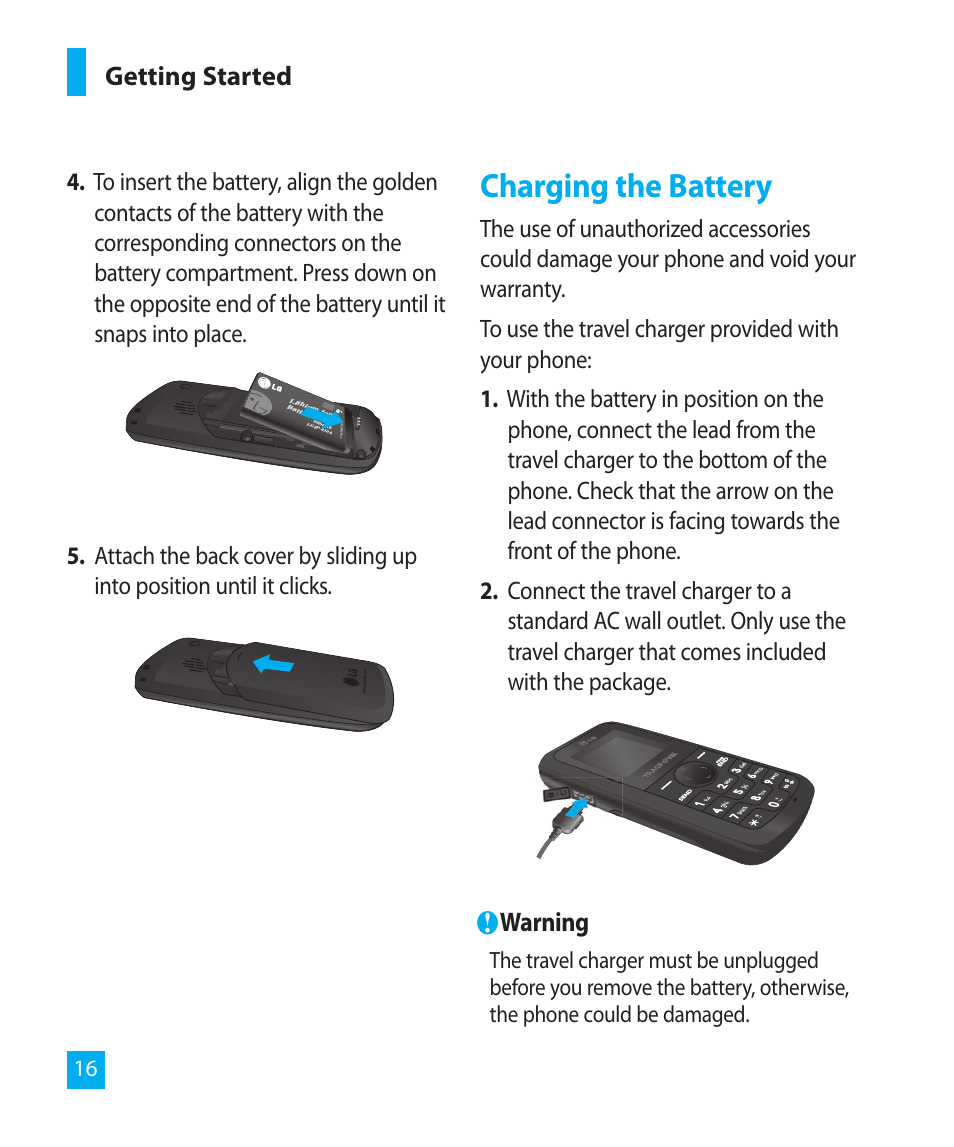 Charging the battery, Warning, Getting started | LG LG300G User Manual | Page 16 / 26