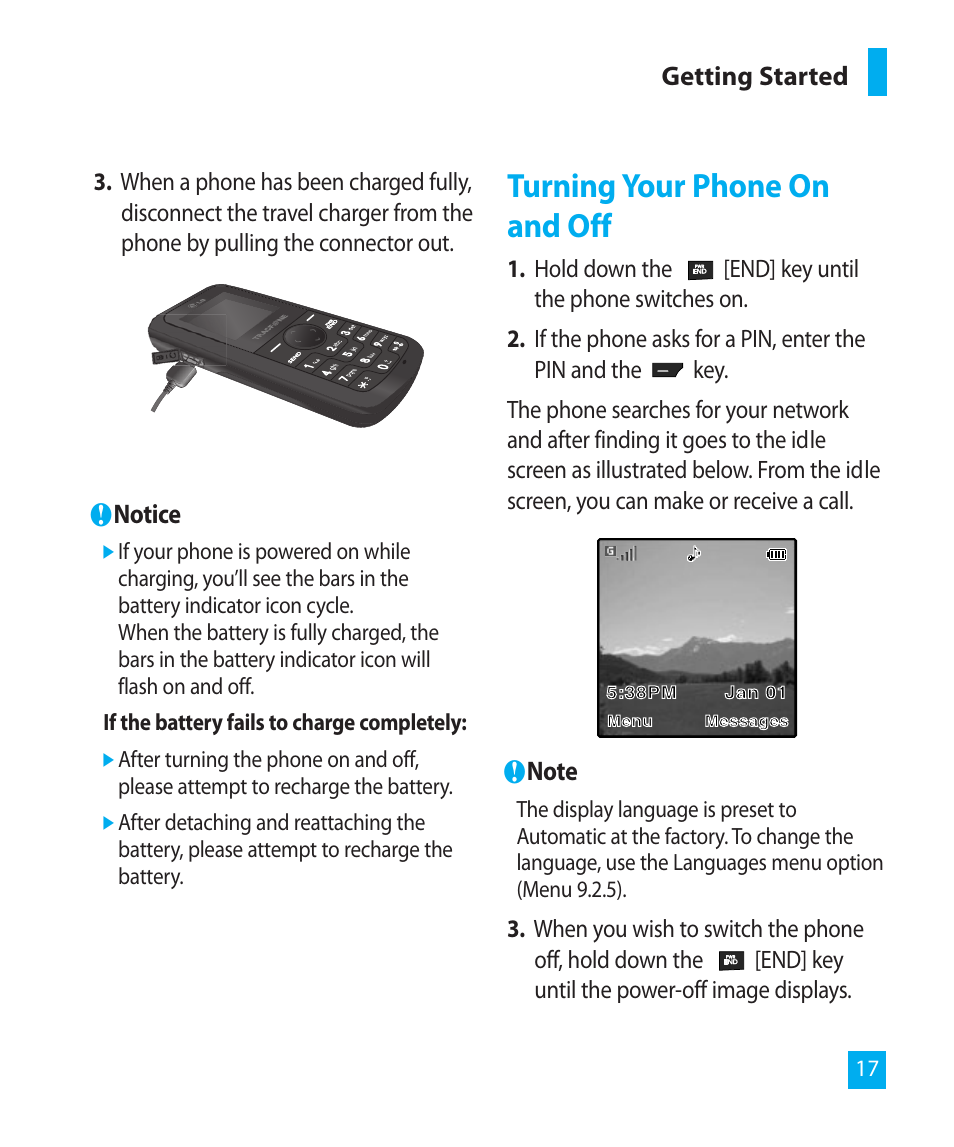 Turning your phone on and off | LG LG300G User Manual | Page 17 / 26