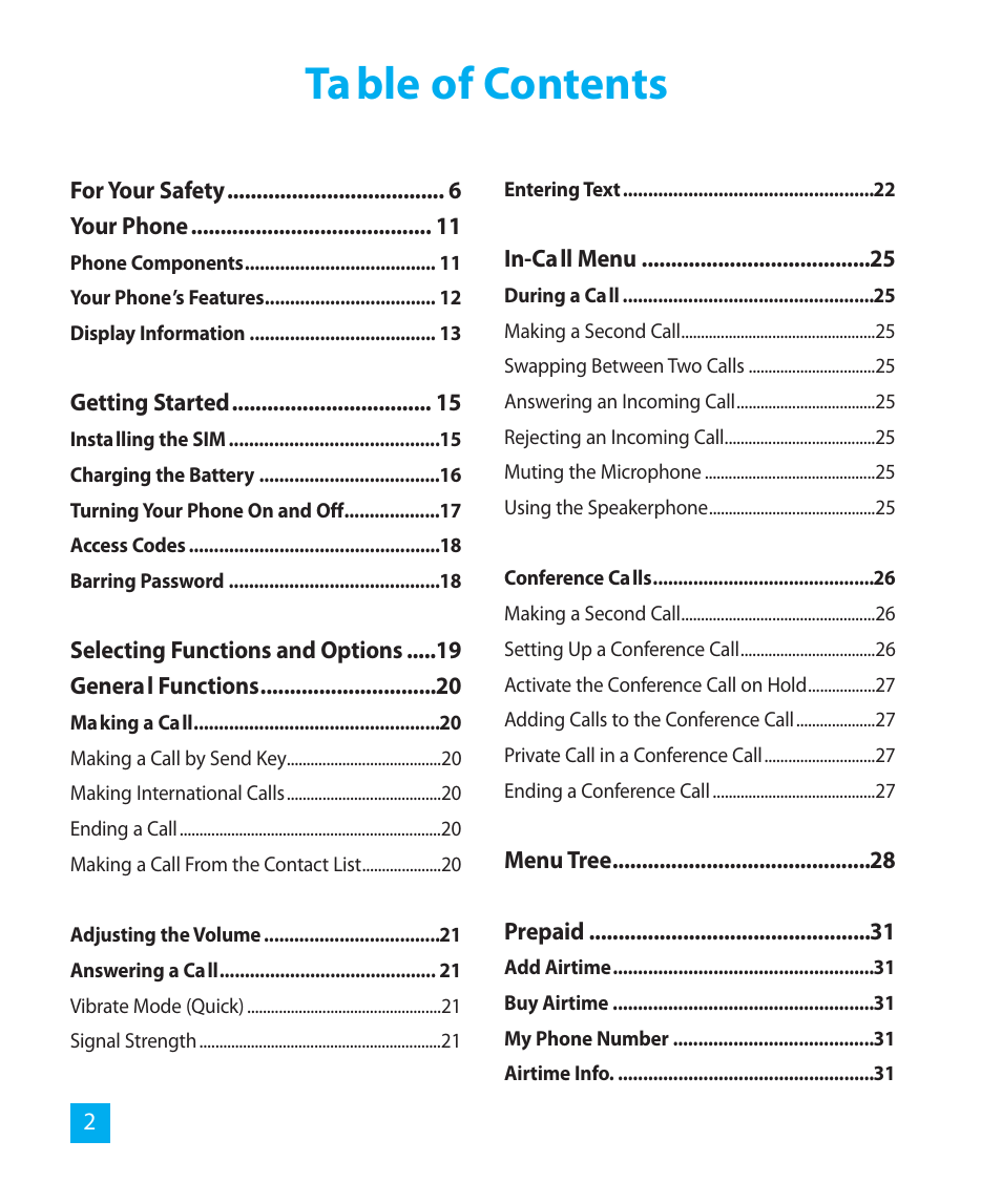 Ta ble of contents | LG LG300G User Manual | Page 2 / 26