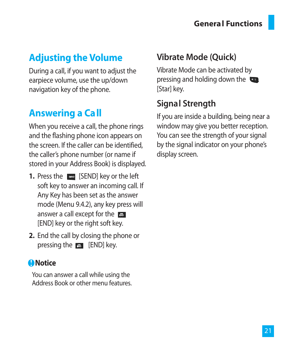 Adjusting the volume, Answering a call, Vibrate mode (quick) | Signal strength | LG LG300G User Manual | Page 21 / 26