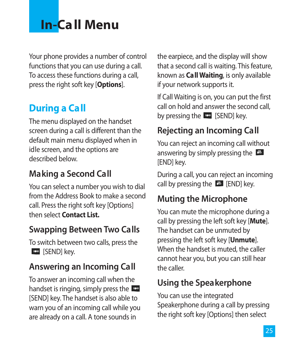 In-ca ll menu, During a call | LG LG300G User Manual | Page 25 / 26