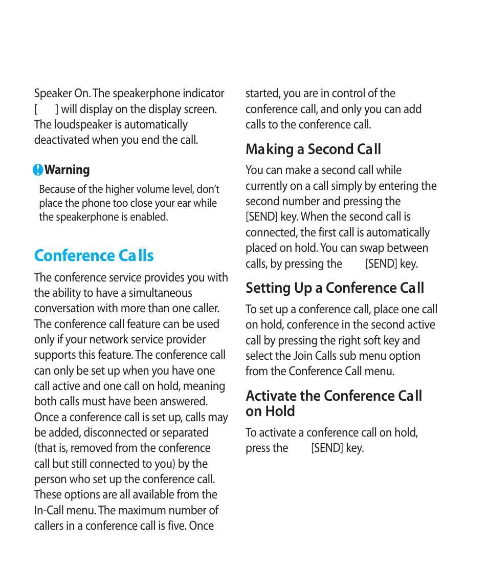 Conference calls, Making a second call, Setting up a conference call | Activate the conference call on hold | LG LG300G User Manual | Page 26 / 26