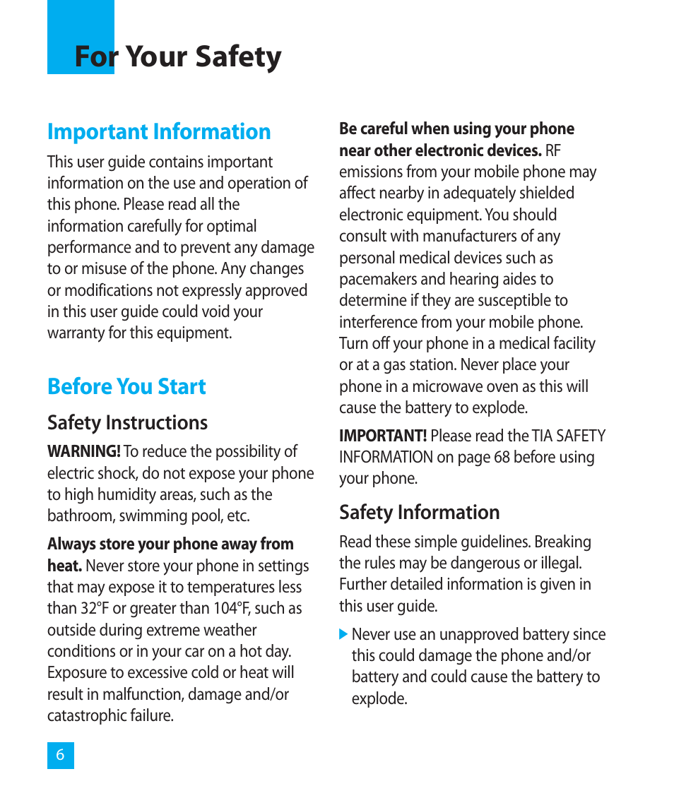 For your safety, Important information, Before you start | LG LG300G User Manual | Page 6 / 26
