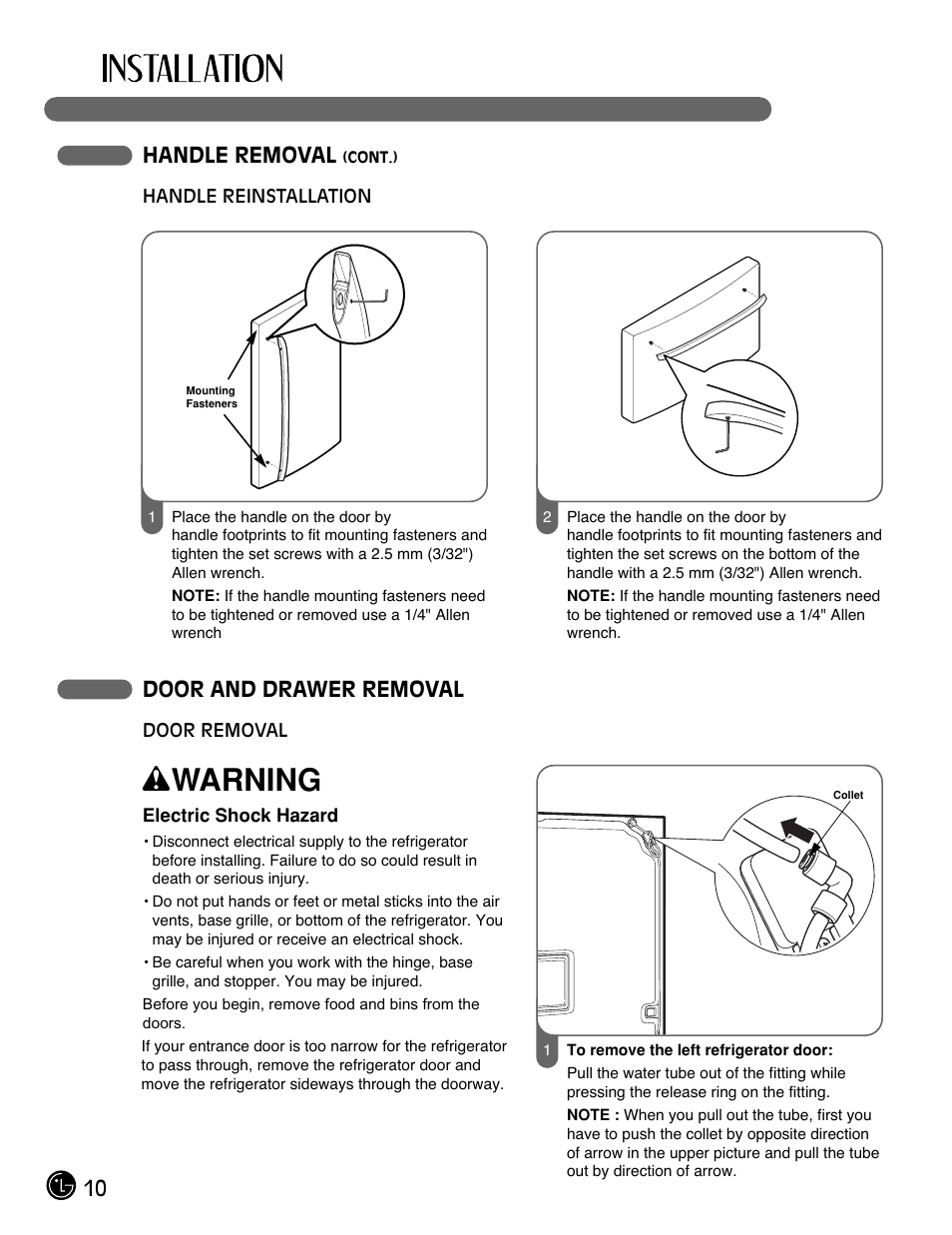 Wwarning, 10 handle removal, Door and drawer removal | LG LFX21971 User Manual | Page 10 / 43