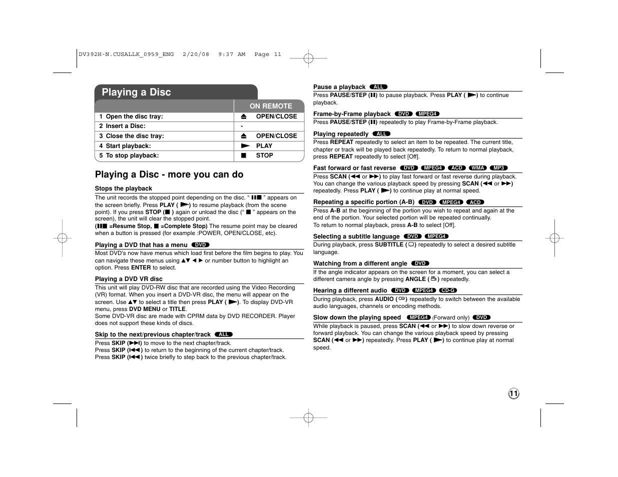 Playing a disc, Playing a disc - more you can do | LG DN898 User Manual | Page 11 / 17