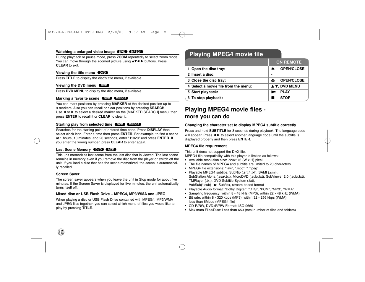 Playing mpeg4 movie files, Playing mpeg4 movie file, More you can do | LG DN898 User Manual | Page 12 / 17