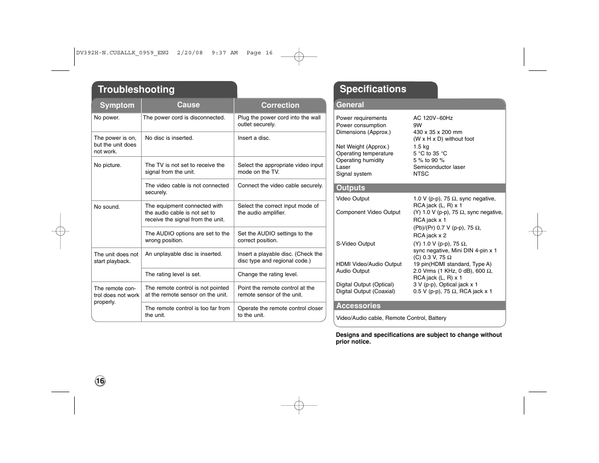 Specifications troubleshooting | LG DN898 User Manual | Page 16 / 17