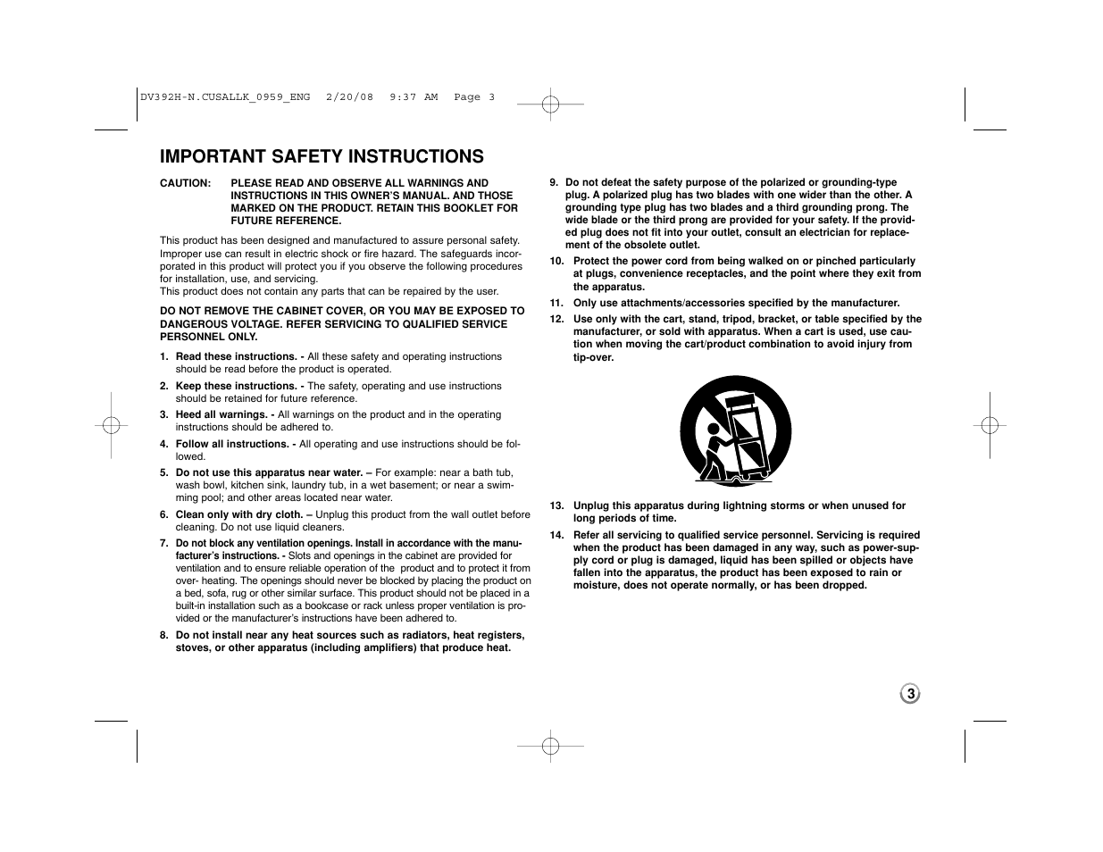Important safety instructions | LG DN898 User Manual | Page 3 / 17