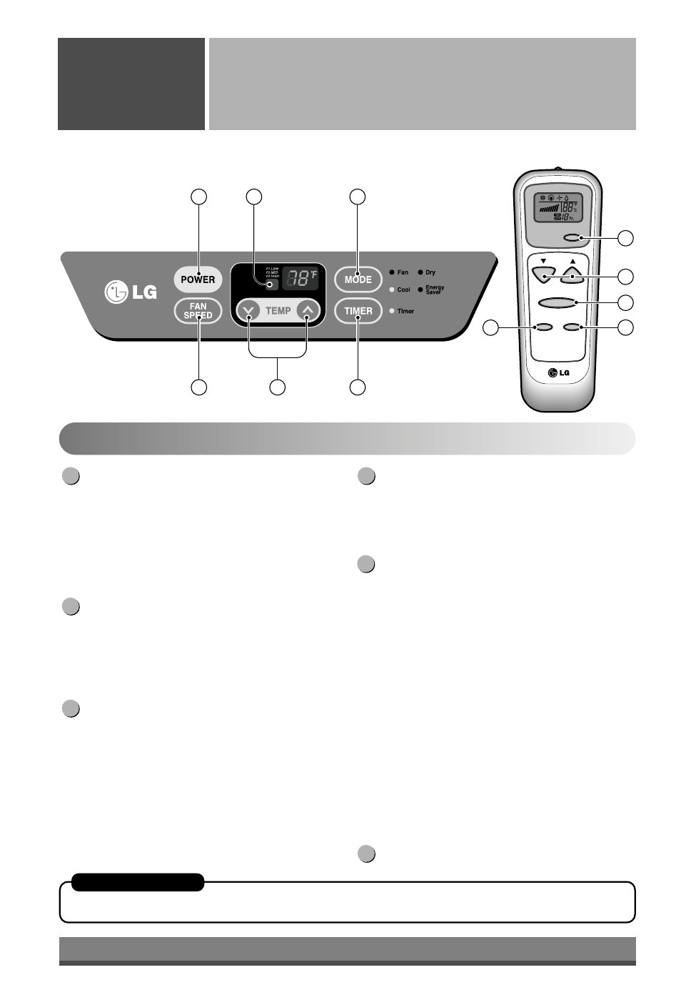 Remote control operations, Operating instructions, Power | Temperature setting, Mode, Fan speed, Timer, Remote control sensor | LG LP6000ER User Manual | Page 6 / 18