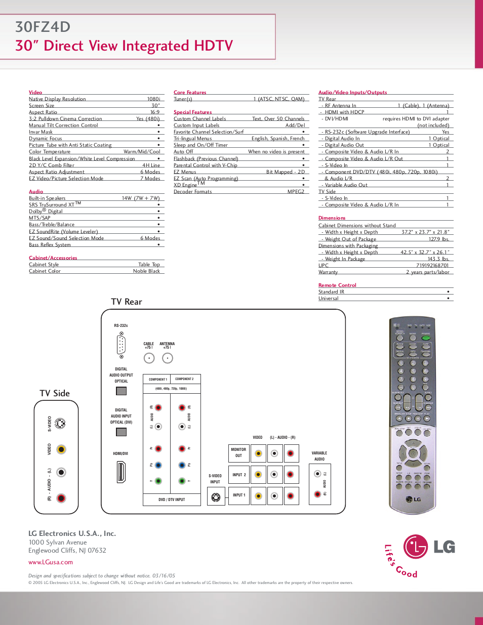 Tv rear, Tv side, Lg electronics u.s.a., inc | LG 30FZ4D User Manual | Page 2 / 2