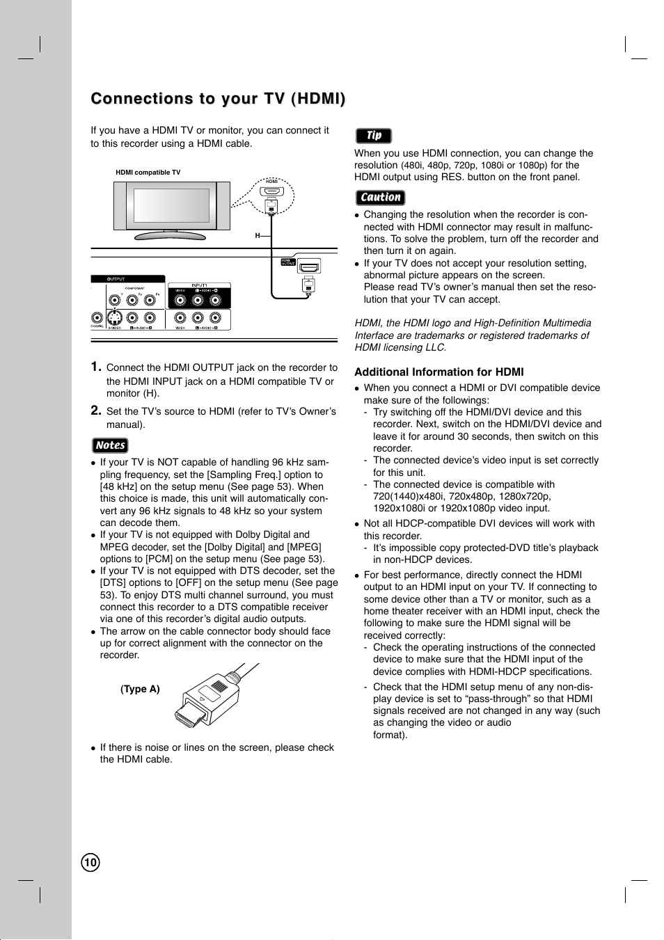 Connections to your tv (hdmi) | LG RC897T User Manual | Page 10 / 75