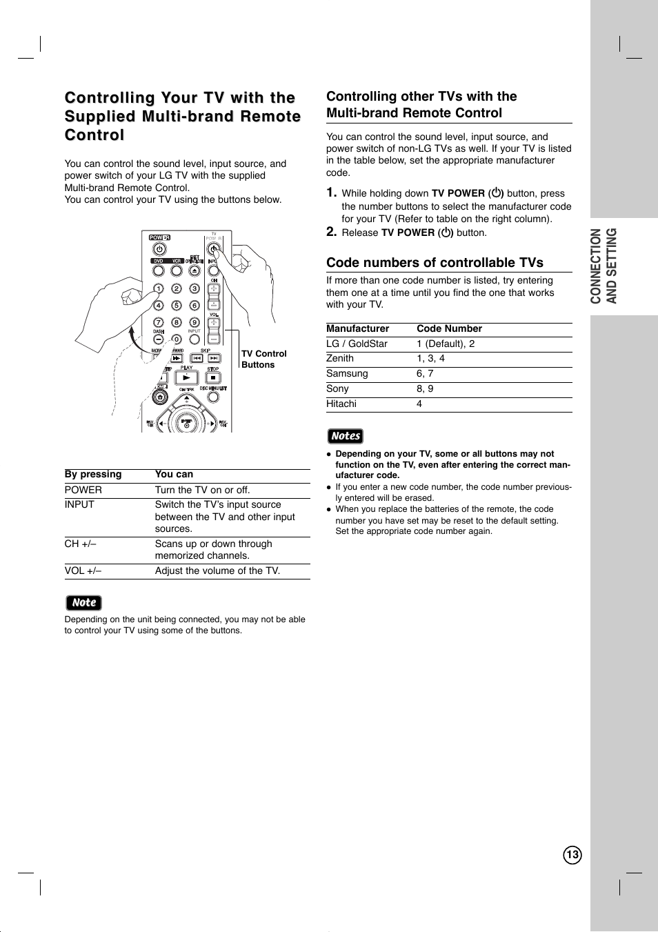 Controlling, Connection and setting, Code numbers of controllable tvs | LG RC897T User Manual | Page 13 / 75