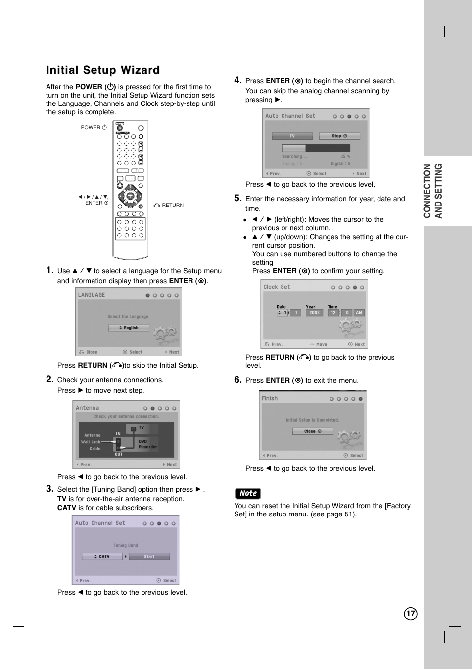 Initial setup w, Initial setup w izard izard, Connection and setting | LG RC897T User Manual | Page 17 / 75