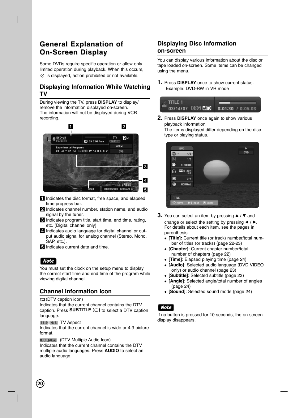 General explanation of, Displaying information while watching tv, Channel information icon | Displaying disc information on-screen | LG RC897T User Manual | Page 20 / 75