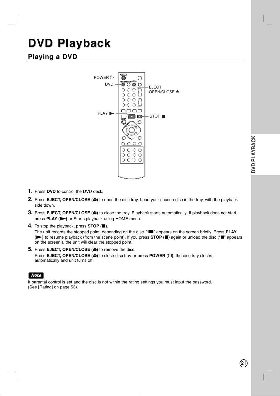 Dvd playback, Playing a dvd | LG RC897T User Manual | Page 21 / 75