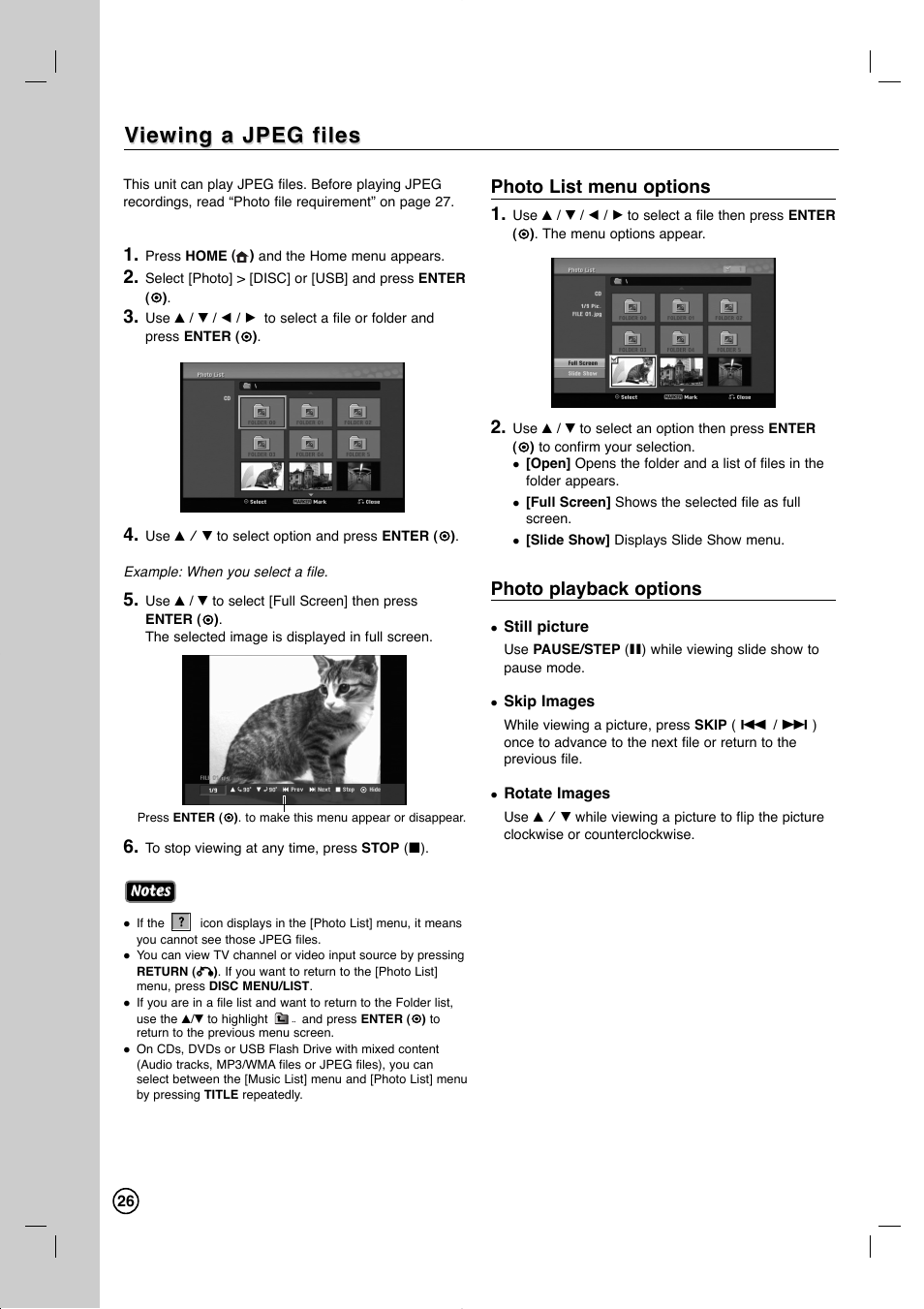 Viewing a jpeg files iewing a jpeg files, Photo list menu options 1, Photo playback options | LG RC897T User Manual | Page 26 / 75