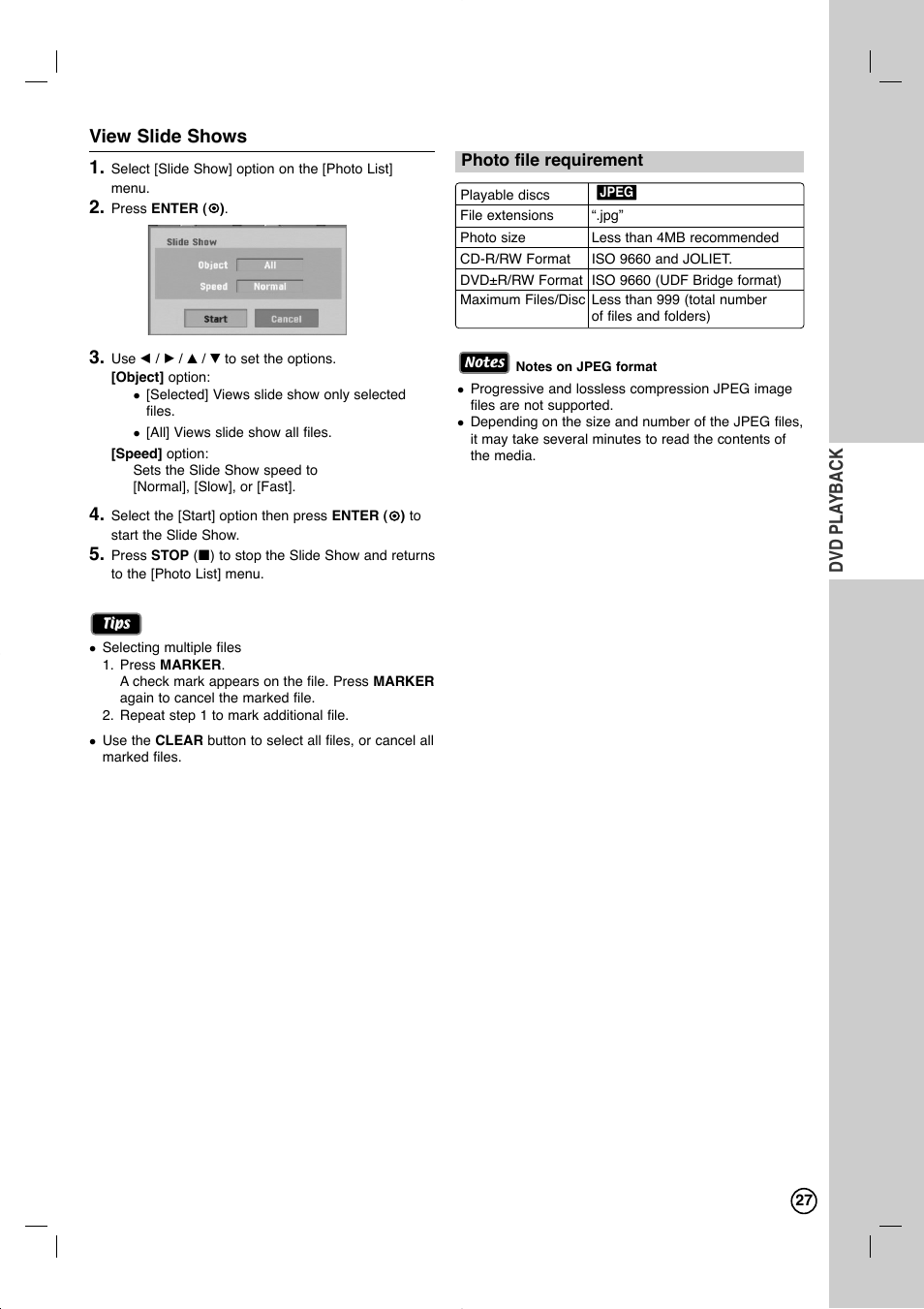 Dvd pla yback view slide shows 1 | LG RC897T User Manual | Page 27 / 75