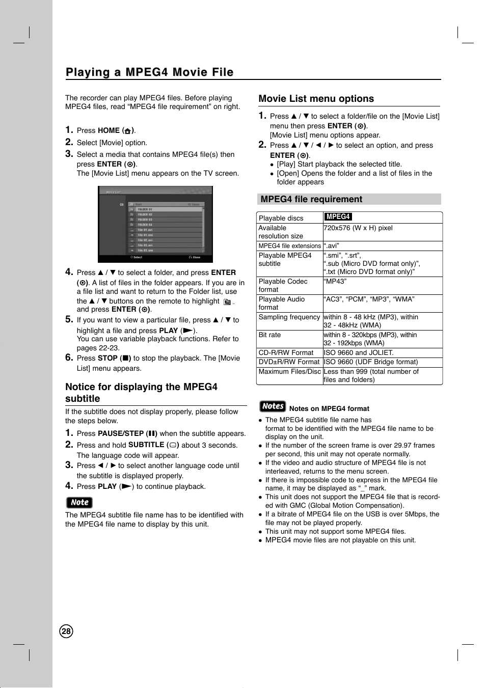 Playing a mpeg4 movie file, Notice for displaying the mpeg4 subtitle, Movie list menu options 1 | LG RC897T User Manual | Page 28 / 75