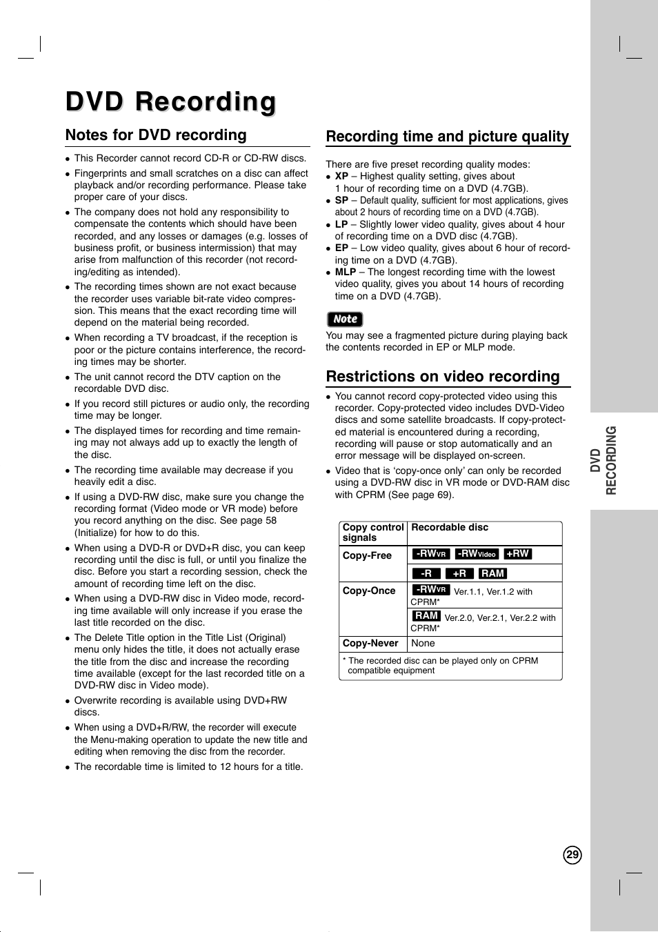 Recording time and picture quality, Restrictions on video recording, Dvd recording | LG RC897T User Manual | Page 29 / 75