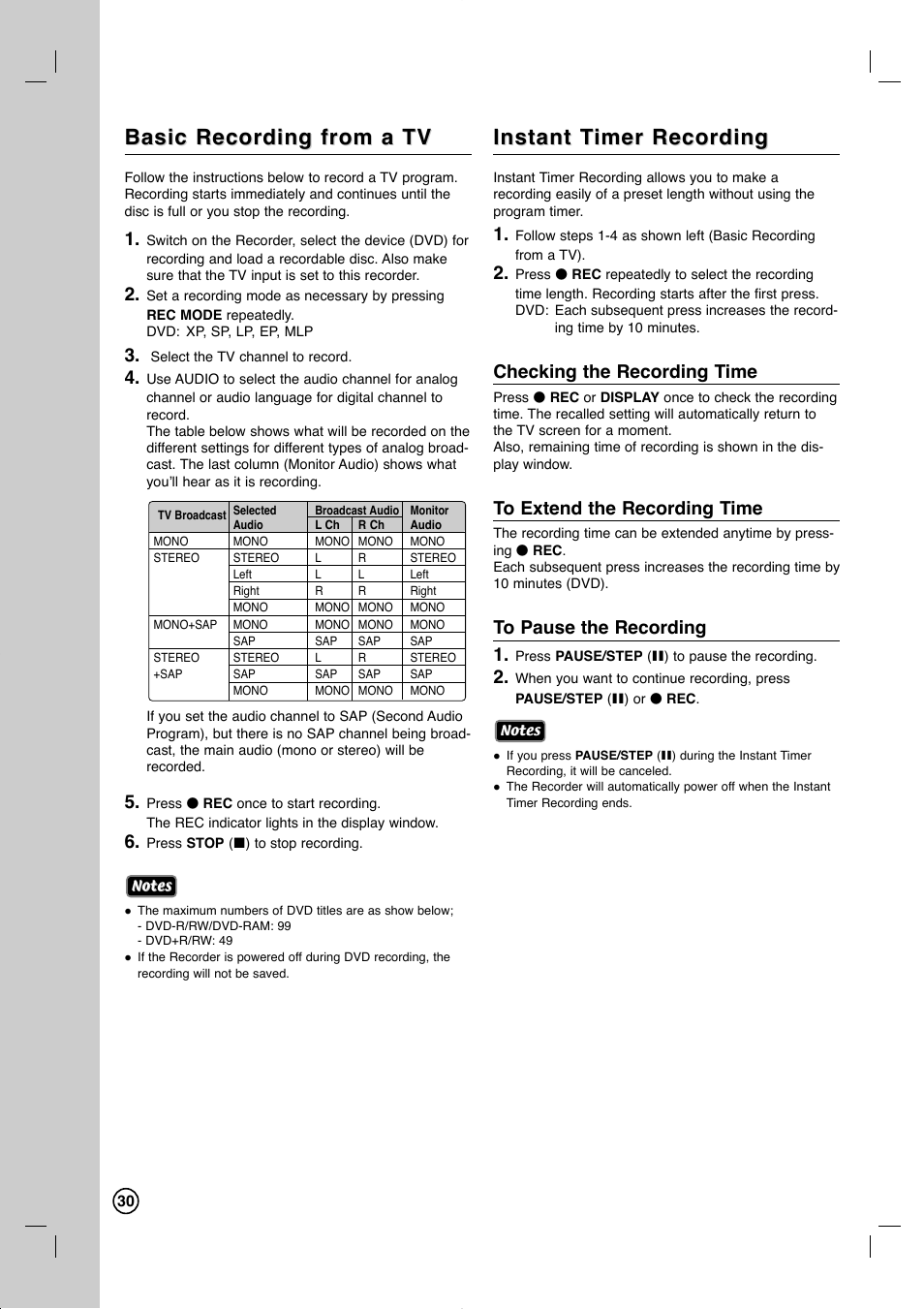 Basic recording from a tv, Instant t, Instant t imer recording imer recording | Checking the recording time | LG RC897T User Manual | Page 30 / 75