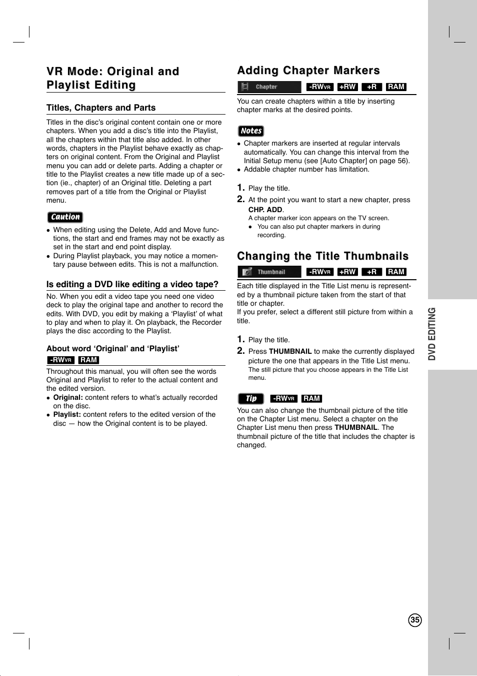 Vr mode: original and, Adding chapter markers, Changing the t | Changing the t itle thumbnails itle thumbnails, Dvd editing | LG RC897T User Manual | Page 35 / 75