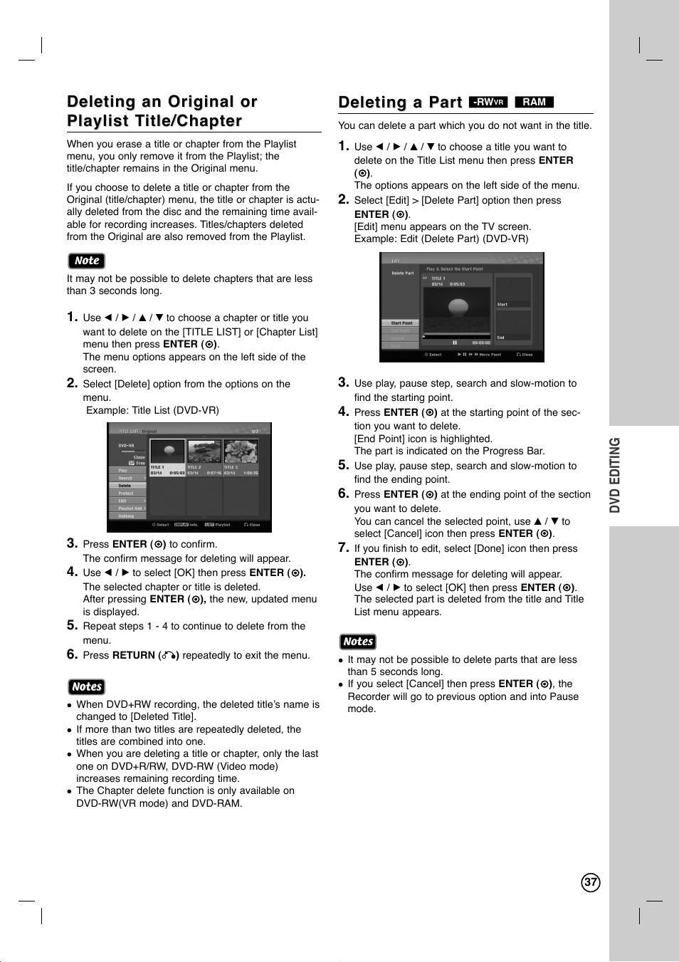 Deleting an original or, Deleting a part | LG RC897T User Manual | Page 37 / 75
