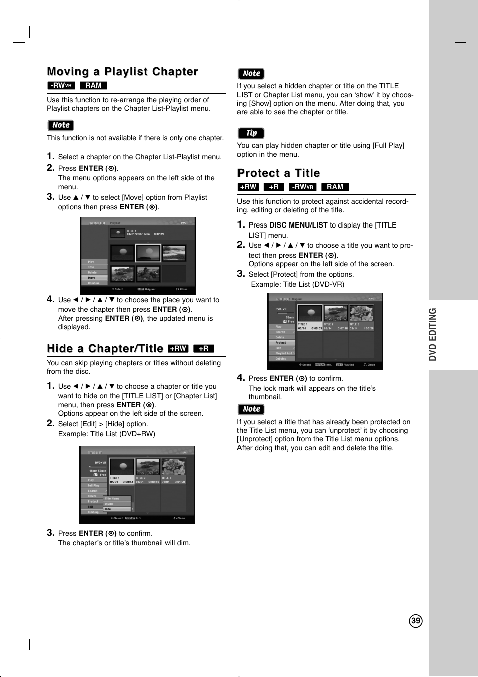 Moving a playlist chapter, Hide a chapter/t, Hide a chapter/t itle itle | Protect a t, Protect a t itle itle | LG RC897T User Manual | Page 39 / 75