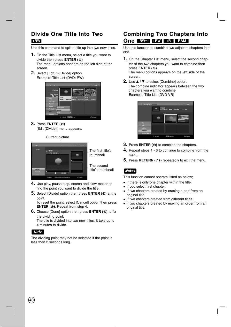 Divide one t, Divide one t itle into t itle into t wo wo, Combining t | LG RC897T User Manual | Page 40 / 75