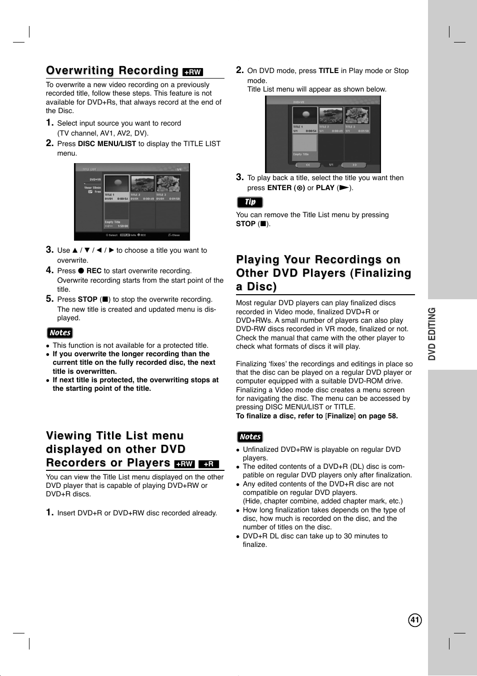 Overwriting recording, Playing | LG RC897T User Manual | Page 41 / 75