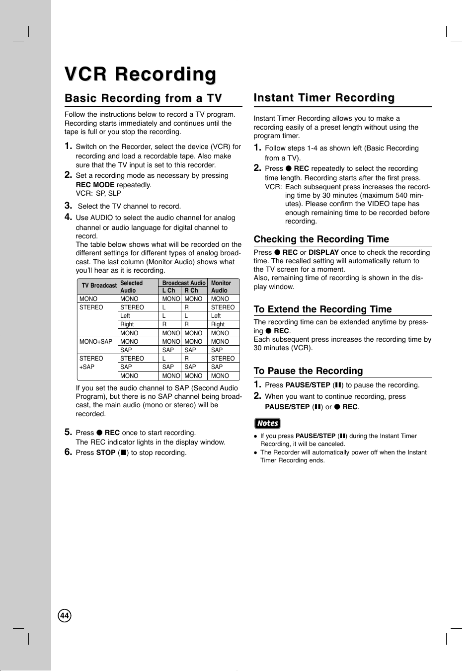 Vcr recording, Basic recording from a tv, Instant t | Instant t imer recording imer recording, Checking the recording time | LG RC897T User Manual | Page 44 / 75