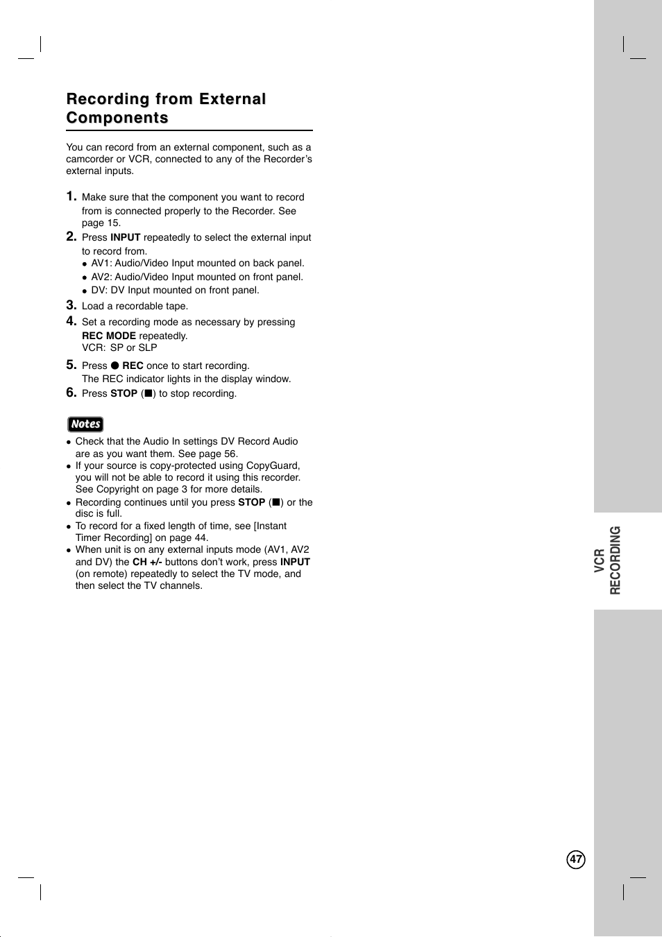 Recording from external, Recording from external components components | LG RC897T User Manual | Page 47 / 75