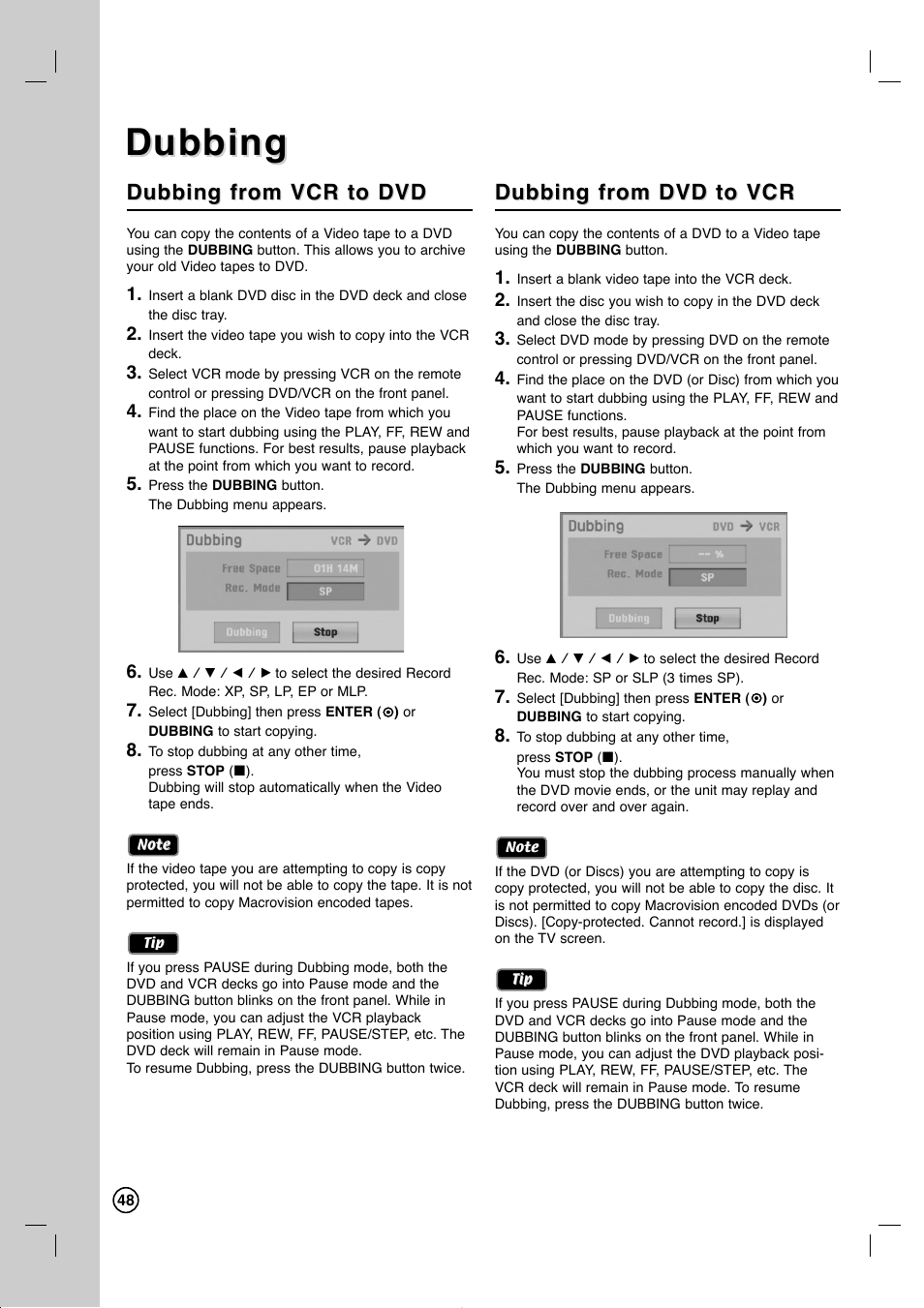 Dubbing, Dubbing from vcr to dvd, Dubbing from dvd to vcr | LG RC897T User Manual | Page 48 / 75