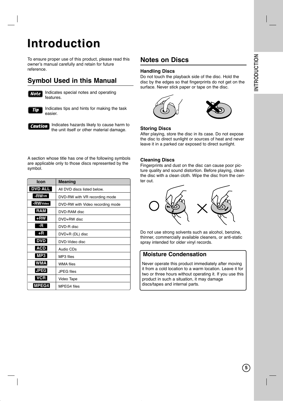 Symbol used in this manual, Introduction, Moisture condensation | LG RC897T User Manual | Page 5 / 75