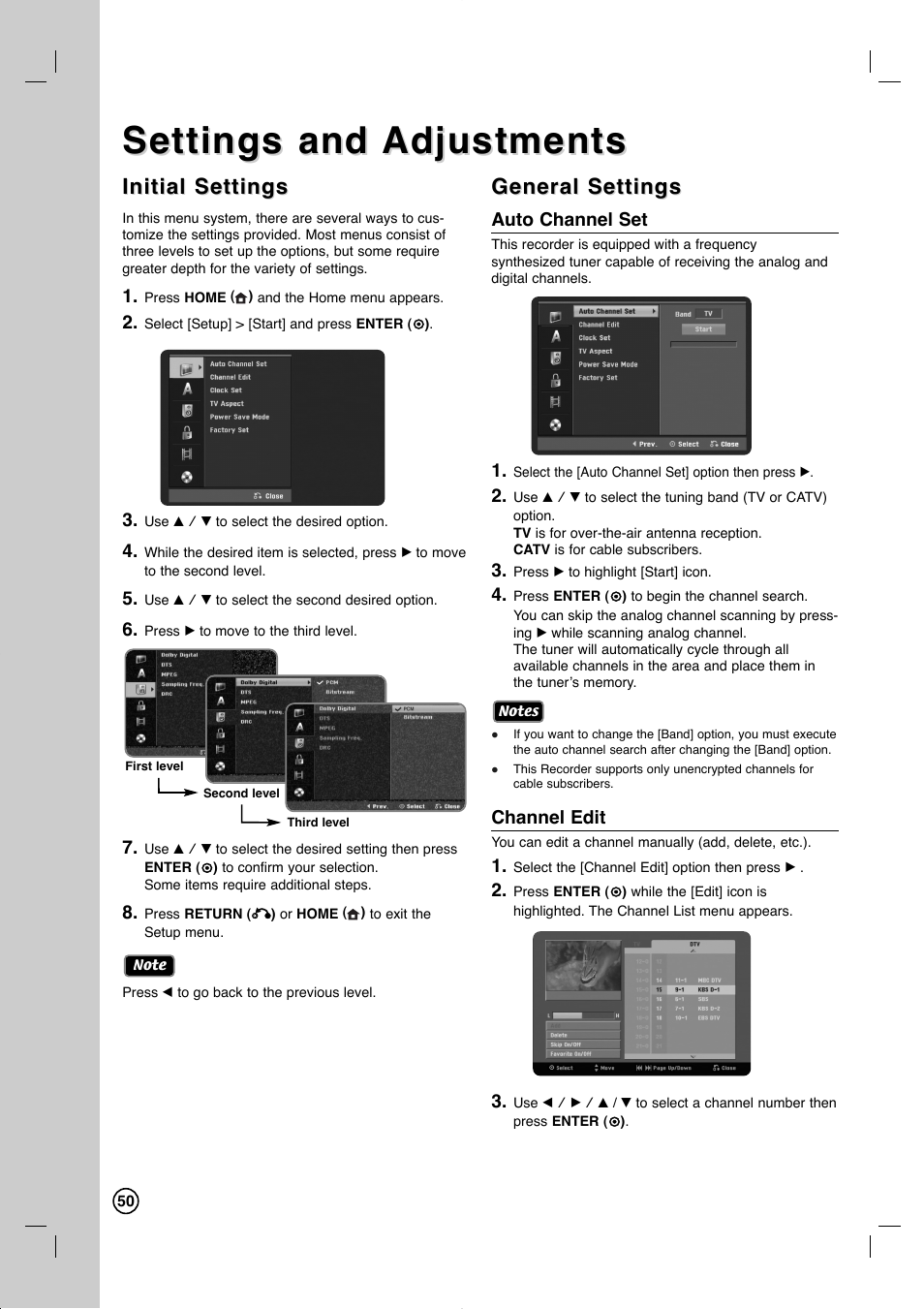 Settings and, Settings and adjustments adjustments, Initial settings | General settings | LG RC897T User Manual | Page 50 / 75