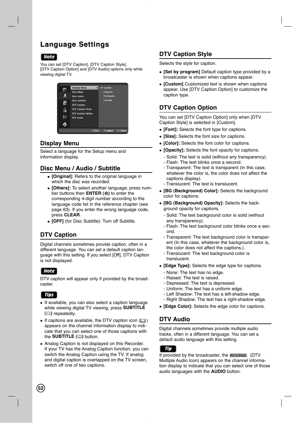 Language settings, Display menu, Disc menu / audio / subtitle | Dtv caption, Dtv caption style, Dtv caption option, Dtv audio | LG RC897T User Manual | Page 52 / 75