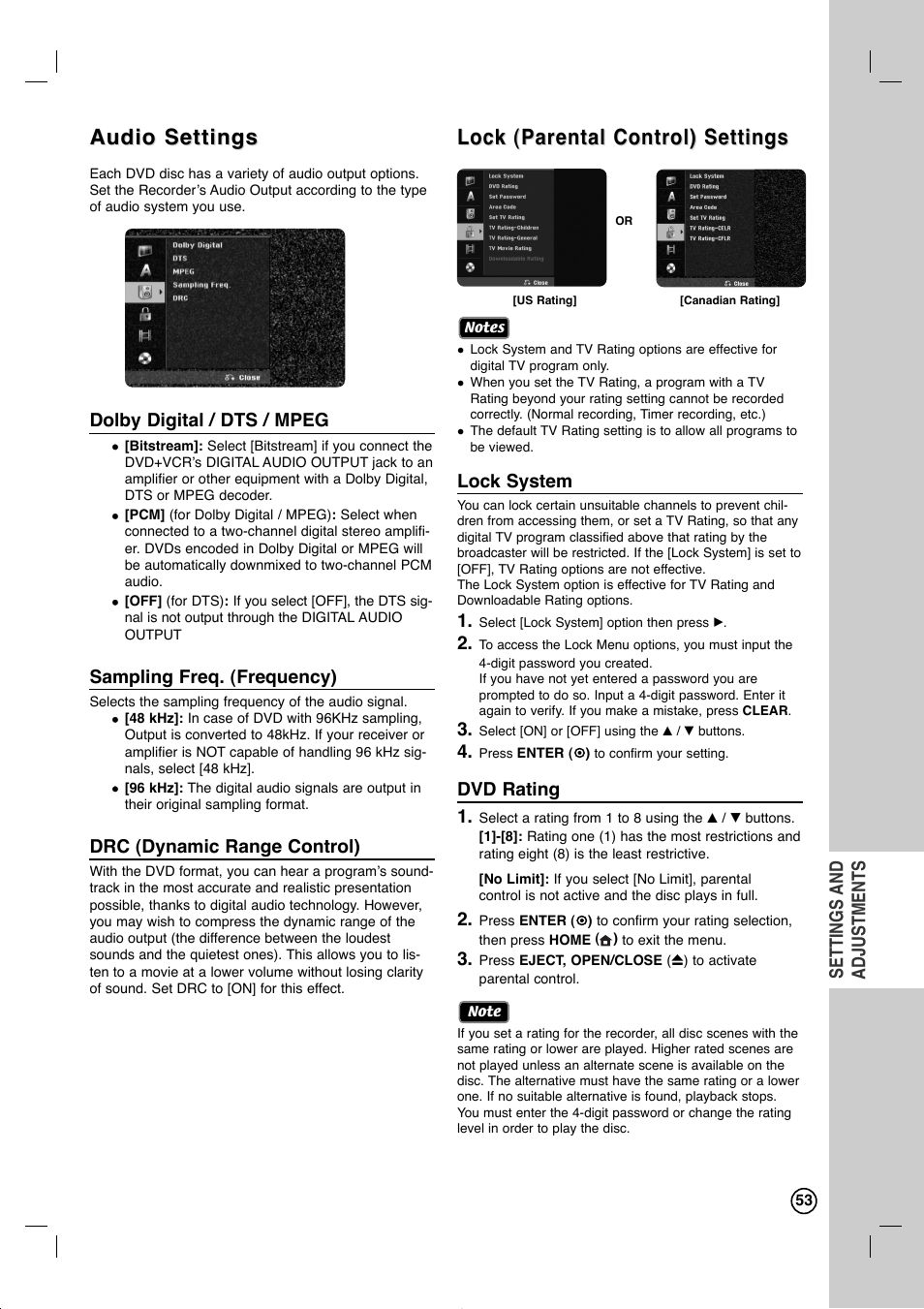 Audio settings, Lock (parental control) settings | LG RC897T User Manual | Page 53 / 75
