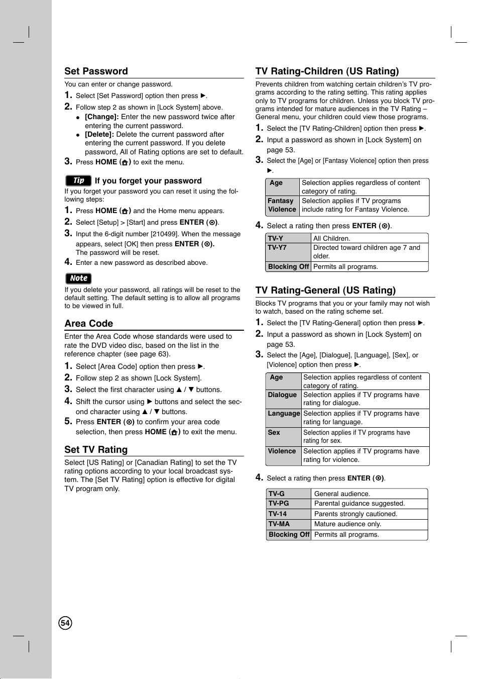 Set password, Area code, Set tv rating | Tv rating-children (us rating), Tv rating-general (us rating) | LG RC897T User Manual | Page 54 / 75