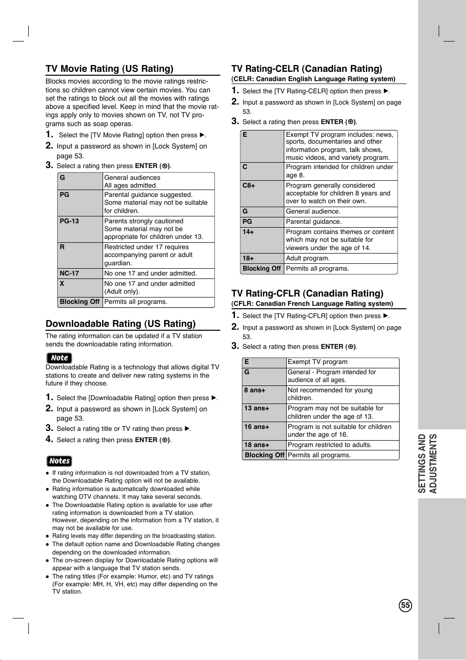 Downloadable rating (us rating), Tv rating-celr (canadian rating), Tv rating-cflr (canadian rating) | LG RC897T User Manual | Page 55 / 75