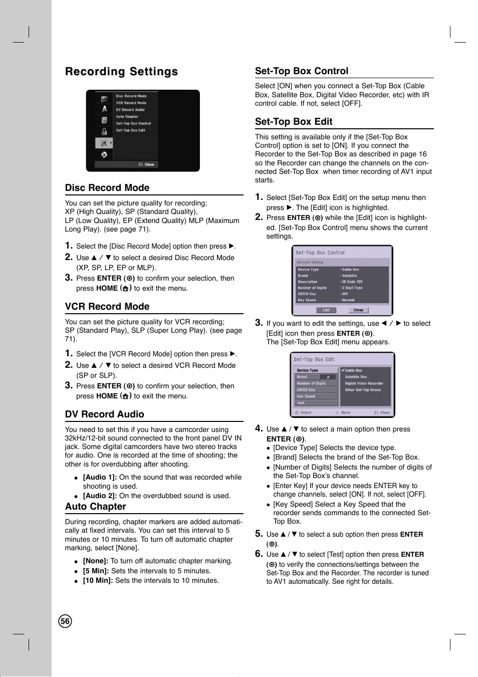 Recording settings | LG RC897T User Manual | Page 56 / 75