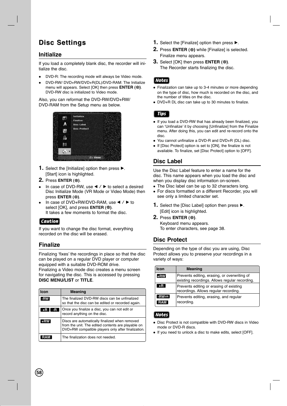 Disc settings, Initialize, Finalize | Disc label, Disc protect | LG RC897T User Manual | Page 58 / 75
