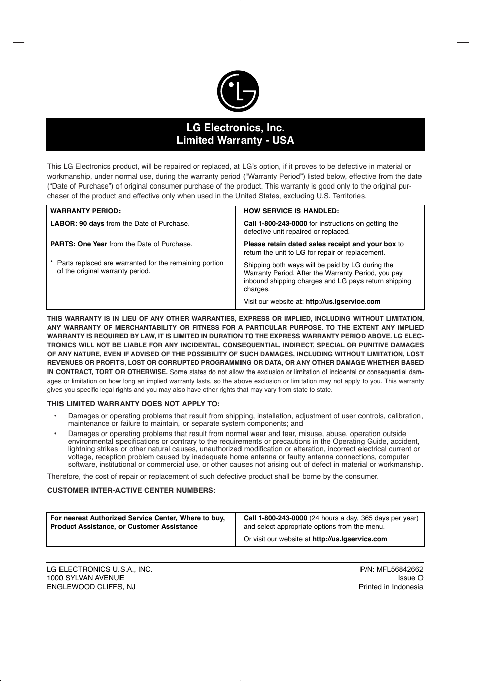 Lg electronics, inc. limited warranty - usa | LG RC897T User Manual | Page 75 / 75