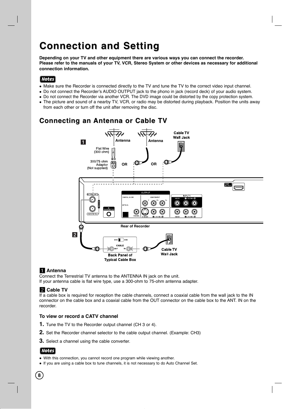 Connection and setting, Connecting an | LG RC897T User Manual | Page 8 / 75